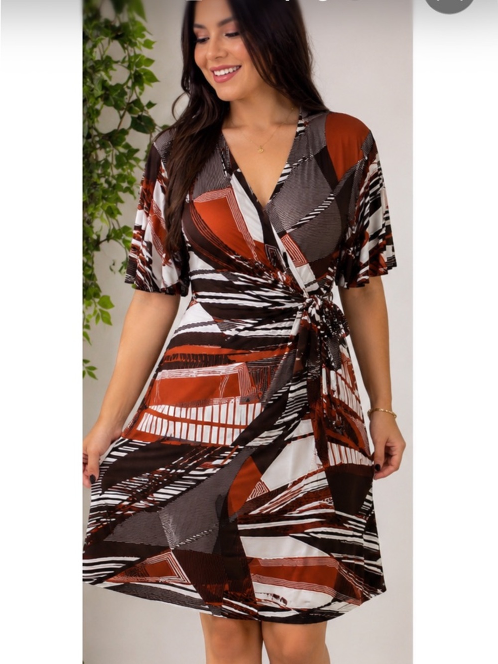 Wrap Dress with Abstract Rust and Black Print